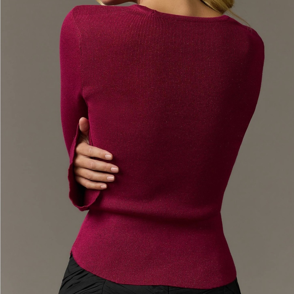 Anthropologie Maeve Shimmery Square-Neck Bell-Sleeve Sweater Raspberry Sz Small - Picture 3 of 10